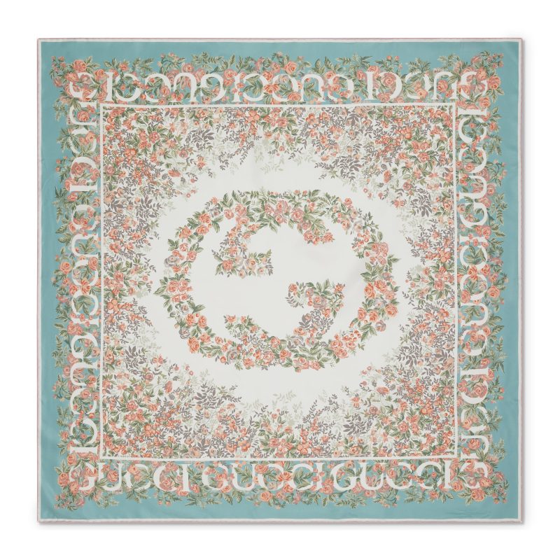 Gucci Gucci互扣式双G花卉印花桑蚕丝方巾