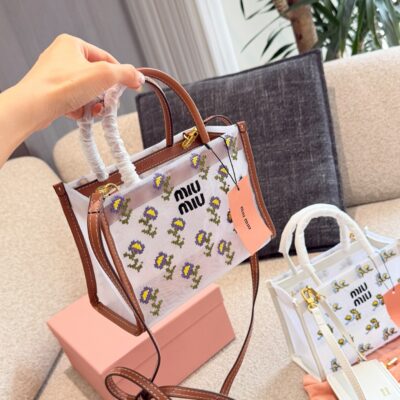 Miu Miu Blue Purple Floral Embroidered Tote Bag