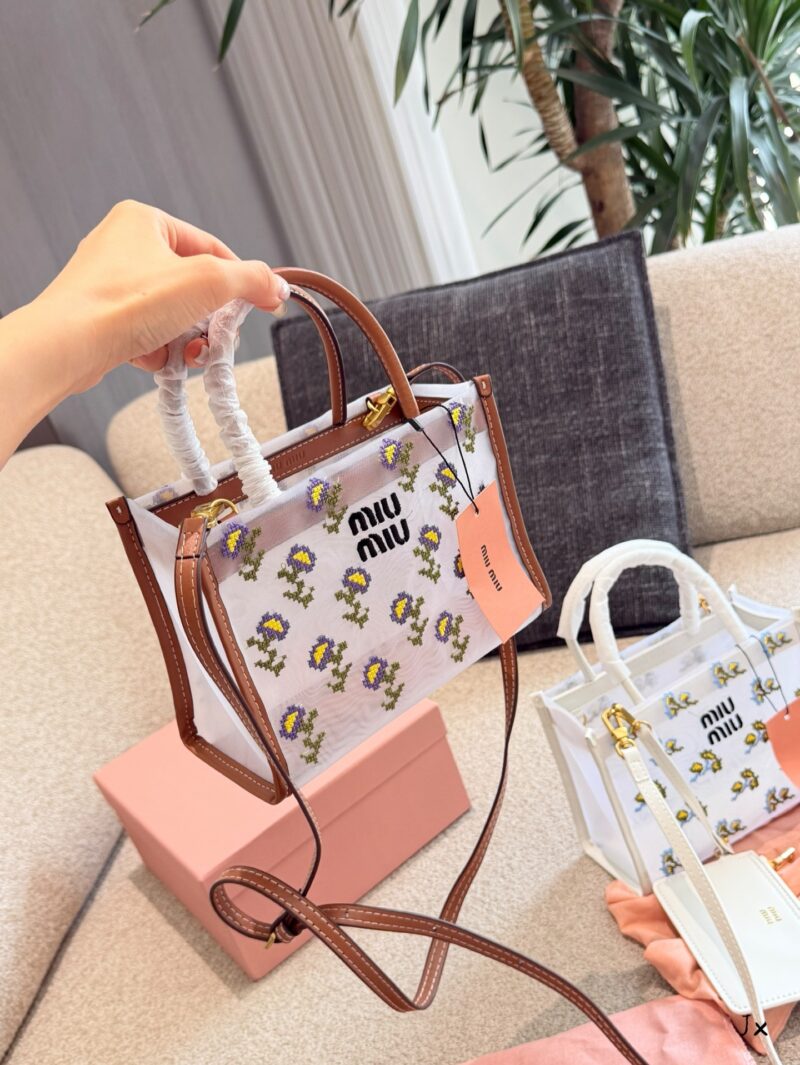 Miu Miu Blue Purple Floral Embroidered Tote Bag